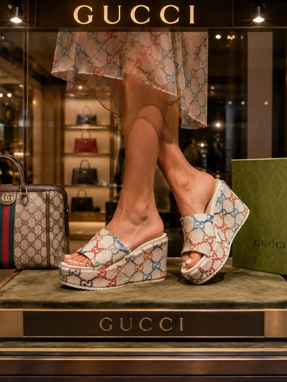 Gucci Women’s Multicolor GG Canvas Wedge Sandals